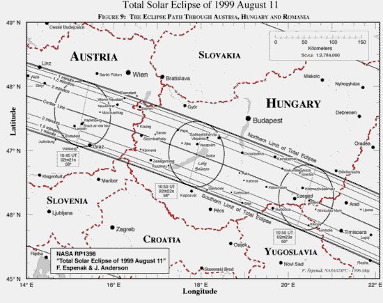 Zemljevid pokritosti Soneve ploskve ob mrku 11. avgusta 1999 za obmoje Slovenije, Avstrije, Madarske (veji in bolj podroben zemljevid velikosti 95 kB dobite s klikom na sliko)