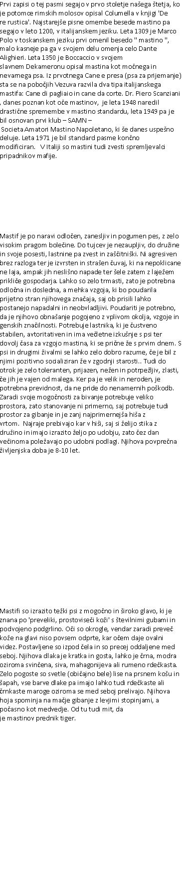 Text Box: Prvi zapisi o tej pasmi segajo v prvo stoletje naega tetja, ko je potomce rimskih molosov opisal Columella v knjigi 'De re rustica'. Najstareje pisne omembe besede mastino pa segajo v leto 1200, v italijanskem jeziku. Leta 1309 je Marco Polo v toskanskem jeziku prvi omenil besedo " mastino ", malo kasneje pa ga v svojem delu omenja celo Dante Alighieri. Leta 1350 je Boccaccio v svojem slavnem Dekameronu opisal mastina kot monega in nevarnega psa. Iz prvotnega Cane e presa (psa za prijemanje) sta se na pobojih Vezuva razvila dva tipa italijanskega mastifa: Cane di pagliaio in cane da corte. Dr. Piero Scanziani, danes poznan kot oe mastinov,  je leta 1948 naredil drastine spremembe v mastino standardu, leta 1949 pa je bil osnovan prvi klub  SAMN  Societa Amatori Mastino Napoletano, ki e danes uspeno deluje. Leta 1971 je bil standard pasme konno modificiran.   V Italiji so mastini tudi zvesti spremljevalci pripadnikov mafije.  Mastif je po naravi odloen, zanesljiv in pogumen pes, z zelo visokim pragom boleine. Do tujcev je nezaupljiv, do druine in svoje posesti, lastnine pa zvest in zaitniki. Ni agresiven brez razloga ter je izvrsten in straen uvaj, ki na nepoklicane ne laja, ampak jih neslino napade ter ele zatem z lajeem priklie gospodarja. Lahko so zelo trmasti, zato je potrebna odlona in dosledna, a mehka vzgoja, ki bo poudarila prijetno stran njihovega znaaja, saj ob prisili lahko postanejo napadalni in neobvladljivi. Poudariti je potrebno, da je njihovo obnaanje pogojeno z vplivom okolja, vzgoje in genskih znailnosti. Potrebuje lastnika, ki je ustveno stabilen, avtoritativen in ima veletne izkunje s psi ter dovolj asa za vzgojo mastina, ki se prine e s prvim dnem. S psi in drugimi ivalmi se lahko zelo dobro razume, e je bil z njimi pozitivno socializiran e v zgodnji starosti.. Tudi do otrok je zelo toleranten, prijazen, neen in potrpeljiv, zlasti, e jih je vajen od malega. Ker pa je velik in neroden, je potrebna previdnost, da ne pride do nenamernih pokodb. 
Zaradi svoje mogonosti za bivanje potrebuje veliko prostora, zato stanovanje ni primerno, saj potrebuje tudi prostor za gibanje in je zanj najprimerneja hia z vrtom.  Najraje prebivajo kar v hii, saj si elijo stika z druino in imajo izrazito eljo po udobju, zato ez dan veinoma poleavajo po udobni podlagi. Njihova povprena ivljenjska doba je 8-10 let. Mastifi so izrazito teki psi z mogono in iroko glavo, ki je znana po 'preveliki, prostovisei koi' s tevilnimi gubami in podvojeno podgrlino. Oi so okrogle, vendar zaradi preve koe na glavi niso povsem odprte, kar oem daje ovalni videz. Postavljene so izpod ela in so precej oddaljene med seboj. Njihova dlaka je kratka in gosta, lahko je rna, modra oziroma svinena, siva, mahagonijeva ali rumeno rdekasta. Zelo pogoste so svetle (obiajno bele) lise na prsnem kou in apah, vse barve dlake pa imajo lahko tudi rdekaste ali rnkaste maroge oziroma se med seboj prelivajo. Njihova hoja spominja na maje gibanje z levjimi stopinjami, a poasno kot medvedje. Od tu tudi mit, da je mastinov prednik tiger.  